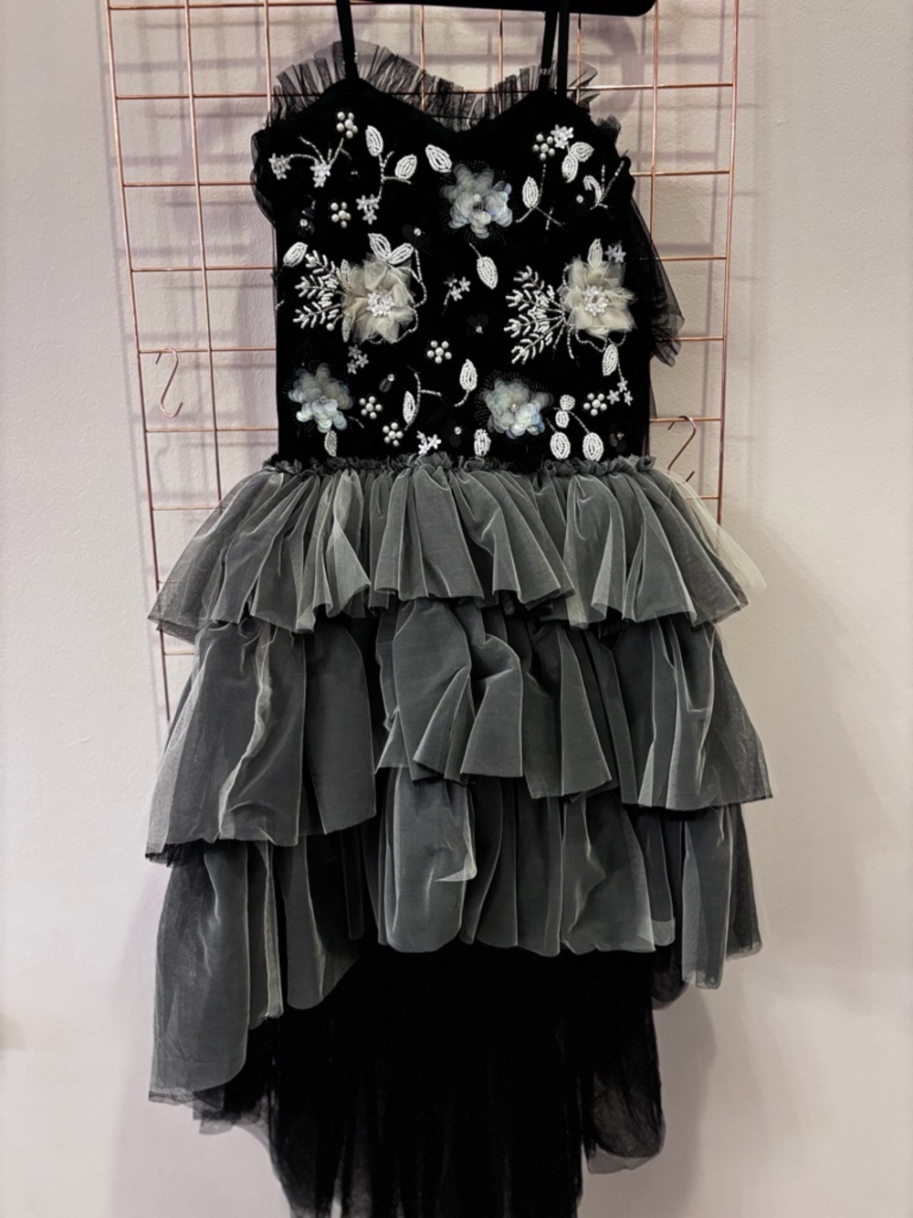 Ooh! La, La! Couture Black Embellished Tulle Dress with Pearl Appliqué